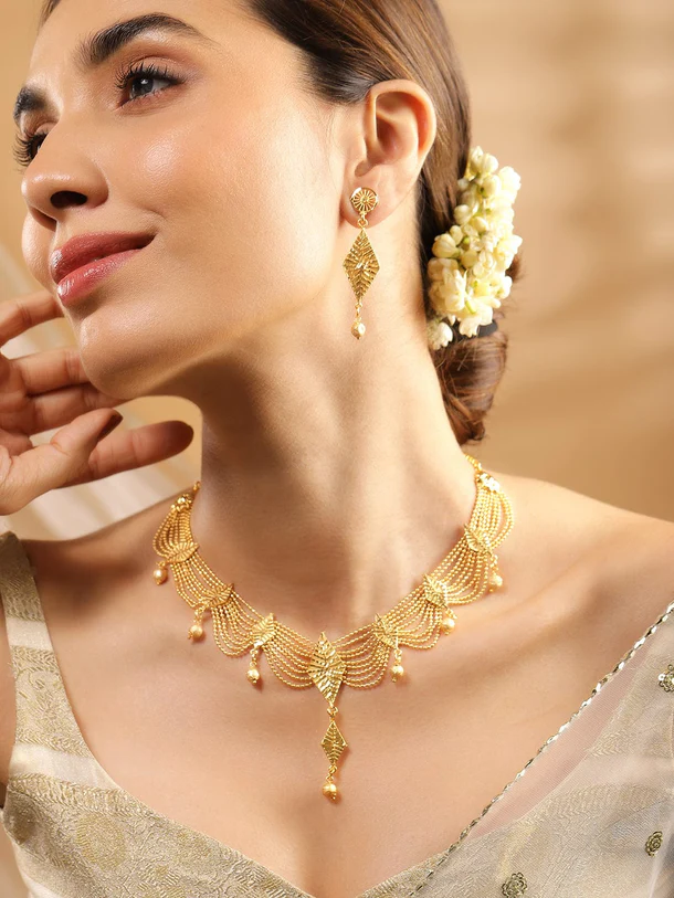 rubans-22k-gold-plated-multi-strand-necklace-set-with-leaf-motifs-and-matching-drop-earrings-for-womens-girls-necklaces-necklace-sets-chains-mangalsutra-1151182527